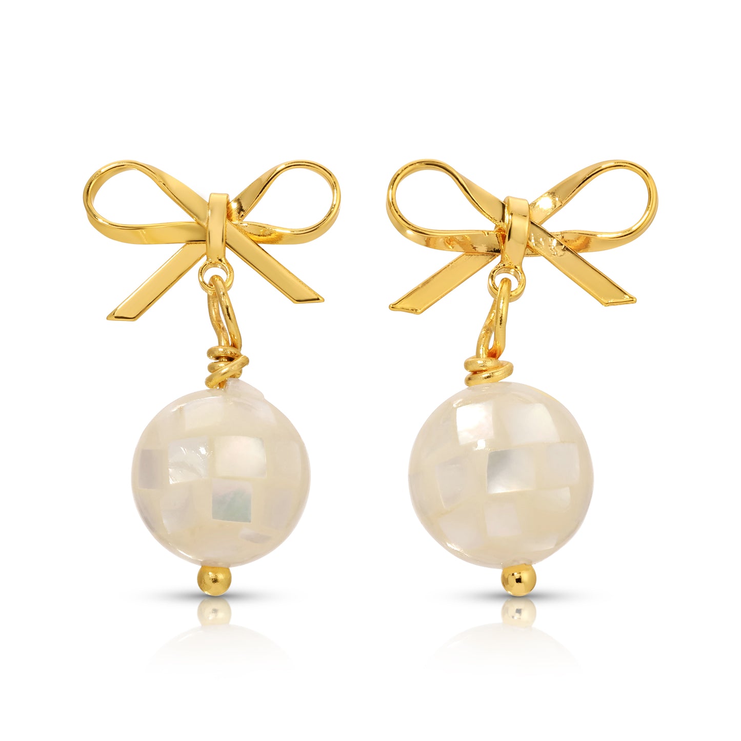 ER-628-W |Mini Coquette Bow with Shell Sphere Earrings