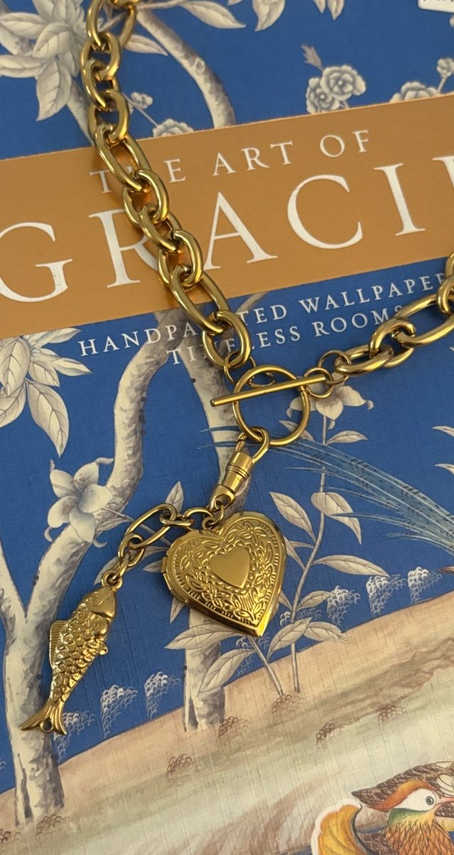 Chunky Chain with toggle, etched heart locket and fish charm - Sunday Girl by Amy DiLamarraNecklace