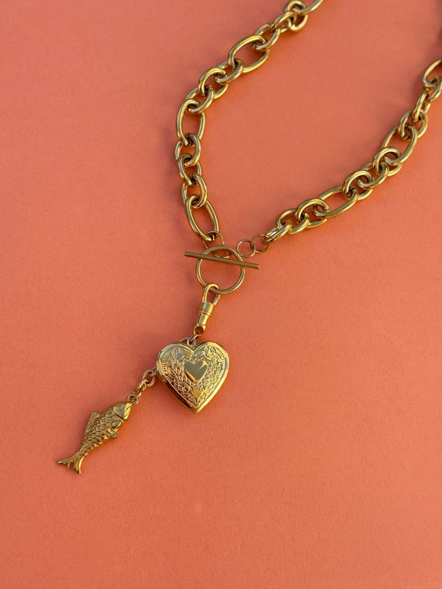 Chunky Chain with toggle, etched heart locket and fish charm - Sunday Girl by Amy DiLamarraNecklace