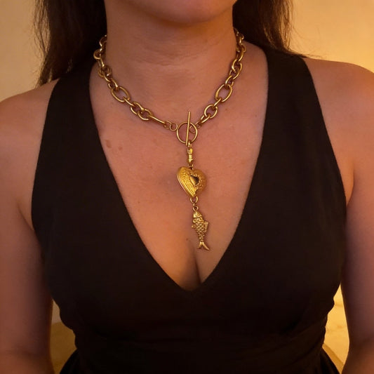 Chunky Chain with toggle, etched heart locket and fish charm - Sunday Girl by Amy DiLamarraNecklace