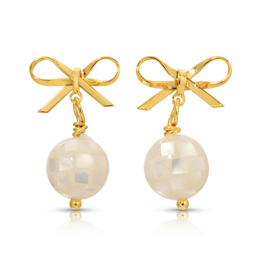 ER-628-W |Mini Coquette Bow with Shell Sphere Earrings