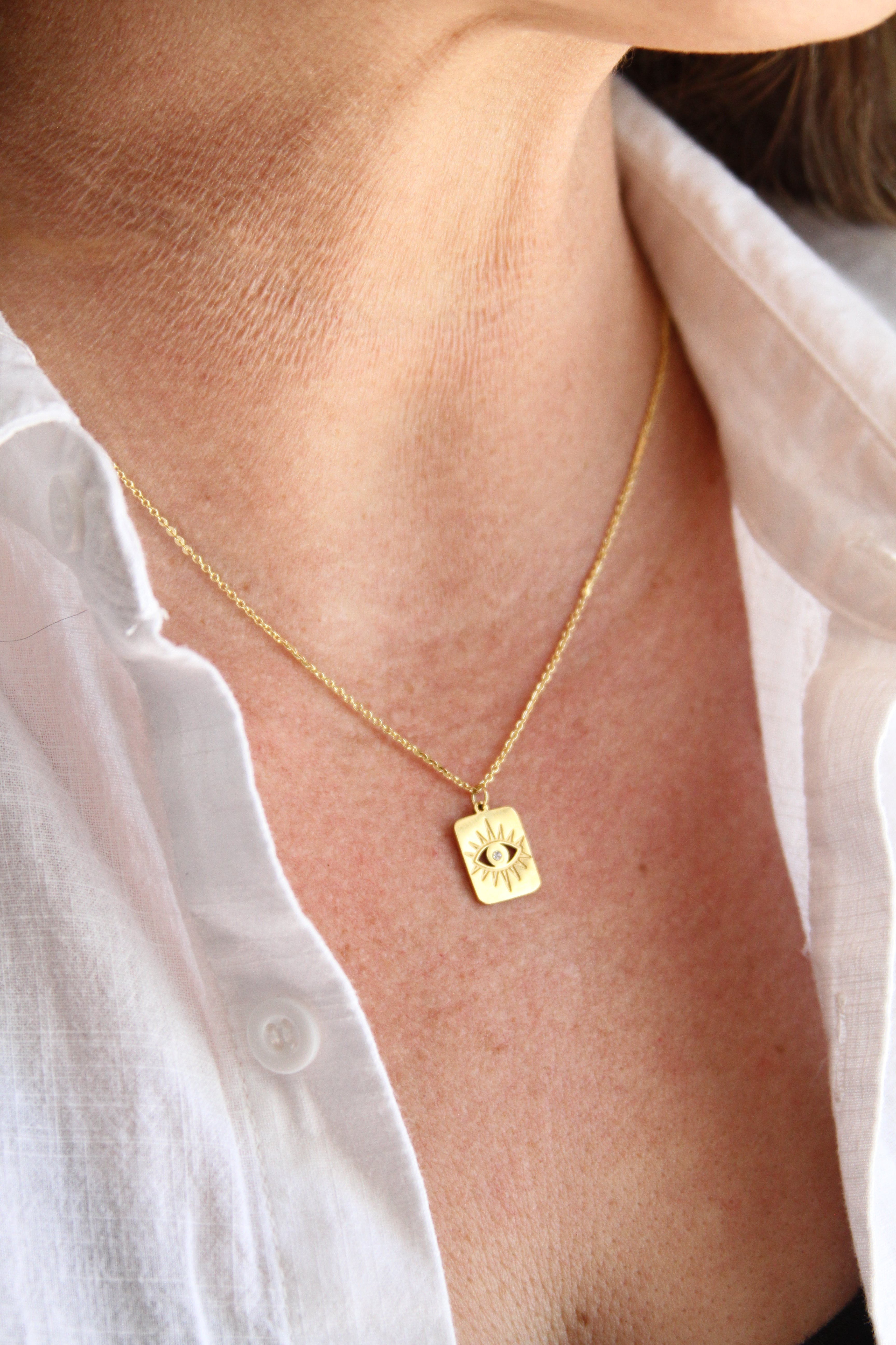 Engraved Eye with CZ Tag pendant necklace - Sunday Girl by