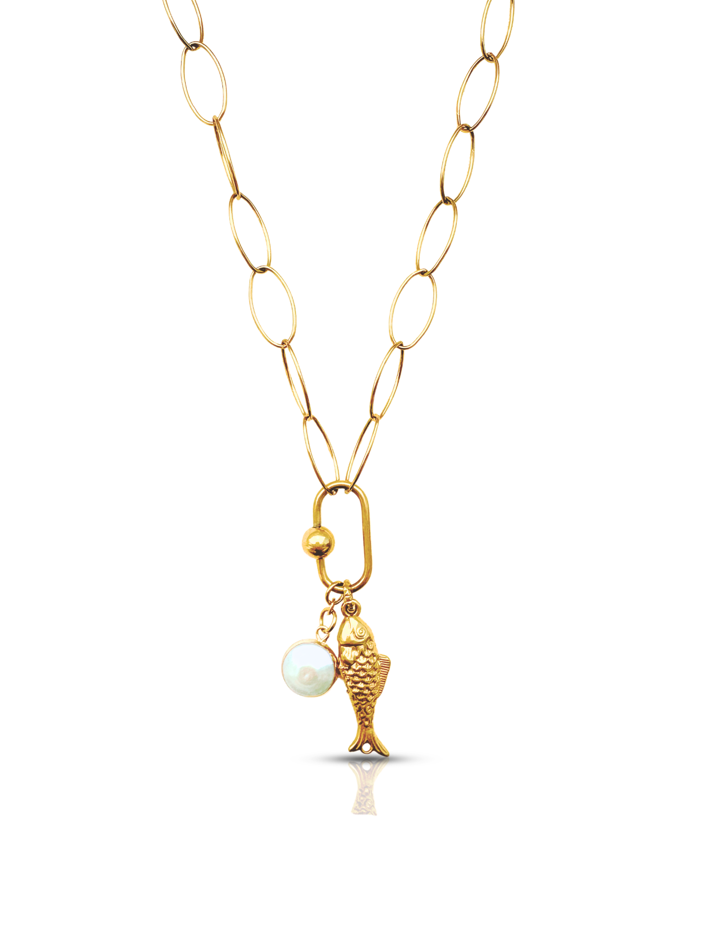 Fish and Pearl Carabiner Necklace