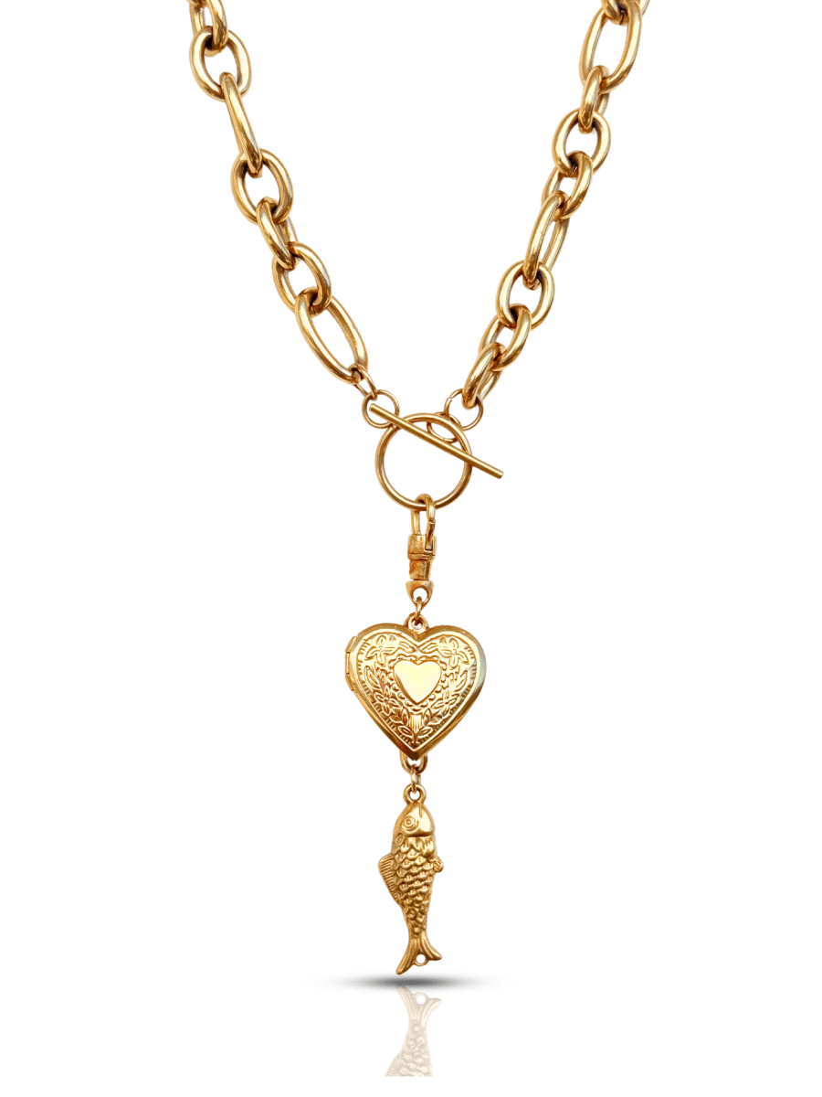 Chunky Chain with toggle, etched heart locket and fish charm - Sunday Girl by Amy DiLamarraNecklace