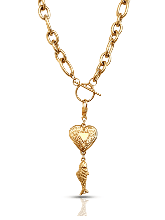 Chunky Chain with toggle, etched heart locket and fish charm - Sunday Girl by Amy DiLamarraNecklace