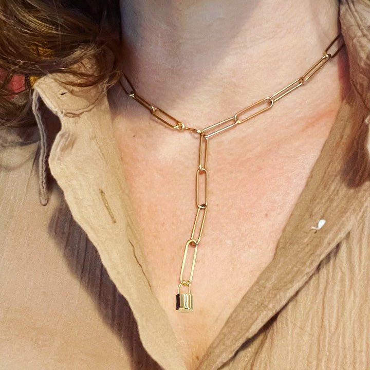 Padlock Charm Paperclip Chain Drop Necklace - Sunday Girl by Amy DiLamarraNecklaces