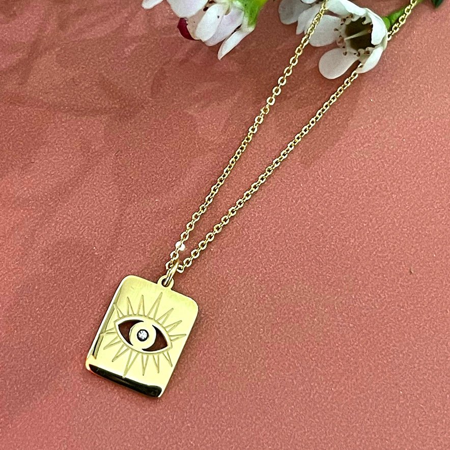 Engraved Eye with CZ Tag pendant necklace - Sunday Girl by Amy DiLamarraNecklace