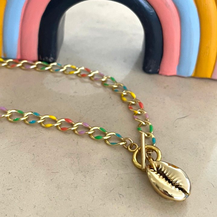 Rainbow Enamel Toggle Chain Necklace with Gold Cowry Shell - Sunday Girl by Amy DiLamarraNecklaces