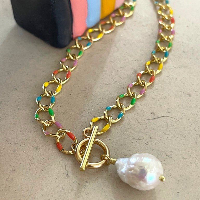 Rainbow Enamel Toggle Chain Necklace with Natural Pearl