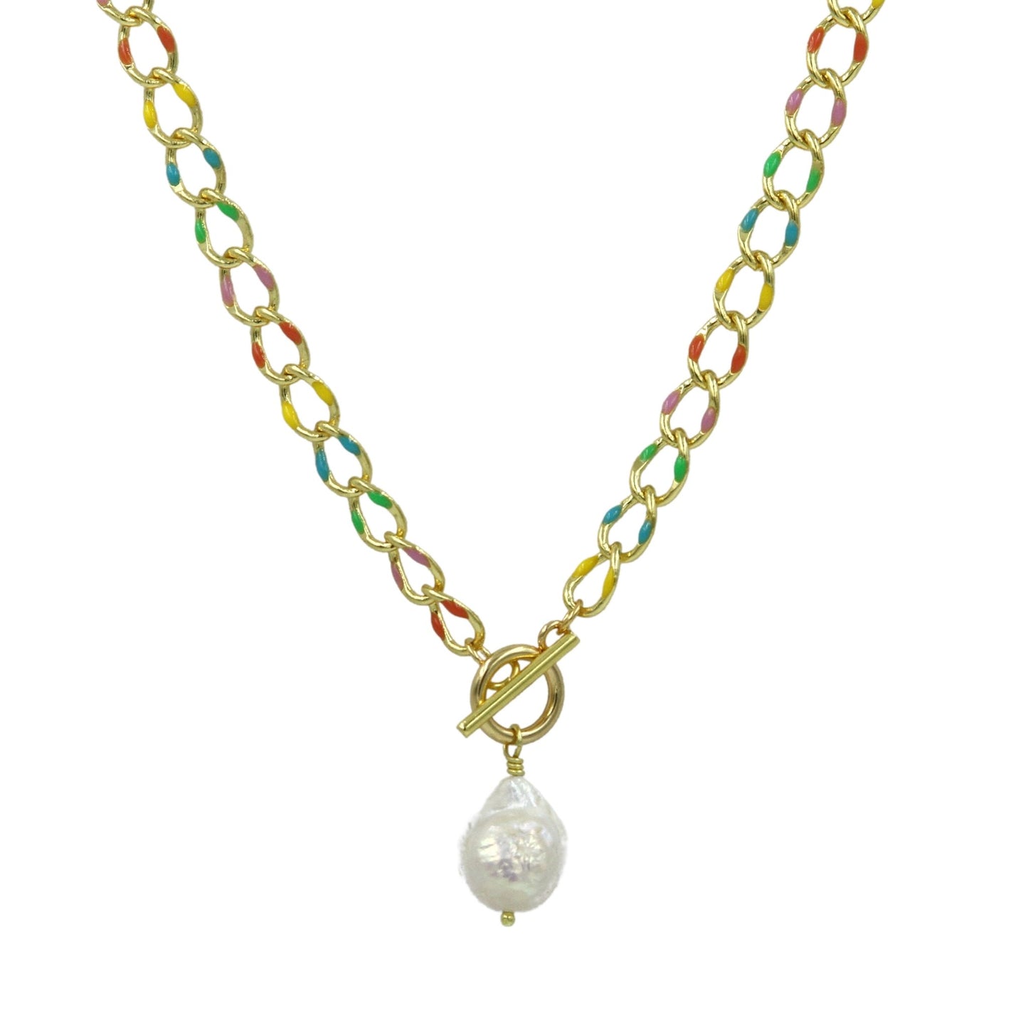 Rainbow Enamel Toggle Chain Necklace with Natural Pearl